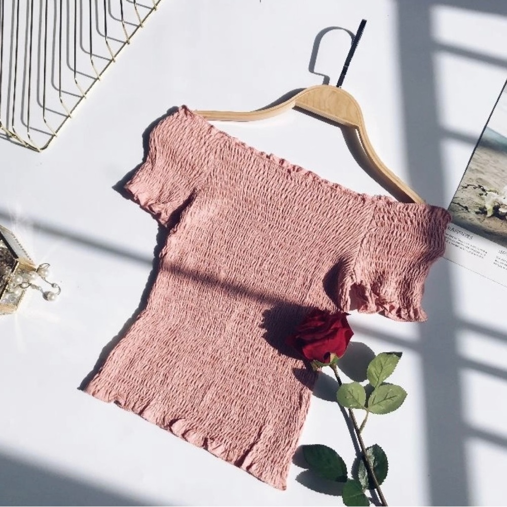 Light pink shirred off the shoulder top, cute for summer!